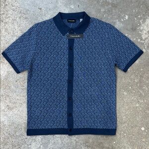 Tahari Geometric Navy Medium Sweater Button Down Polo NWT